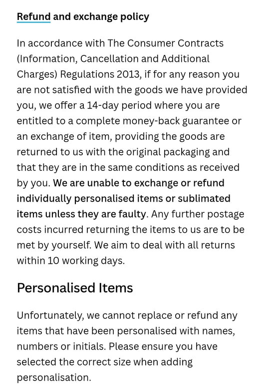 Personalised items policy